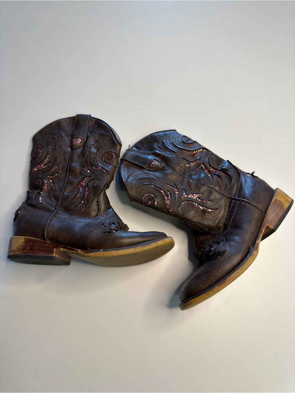Roper Brown Kids Cowboy Boots with Pink Stitching